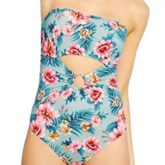 •Shade & Shore Floral One Piece Swimsuit Green 38DD Women’s Tropical Cut-Out - Picture 2 of 5